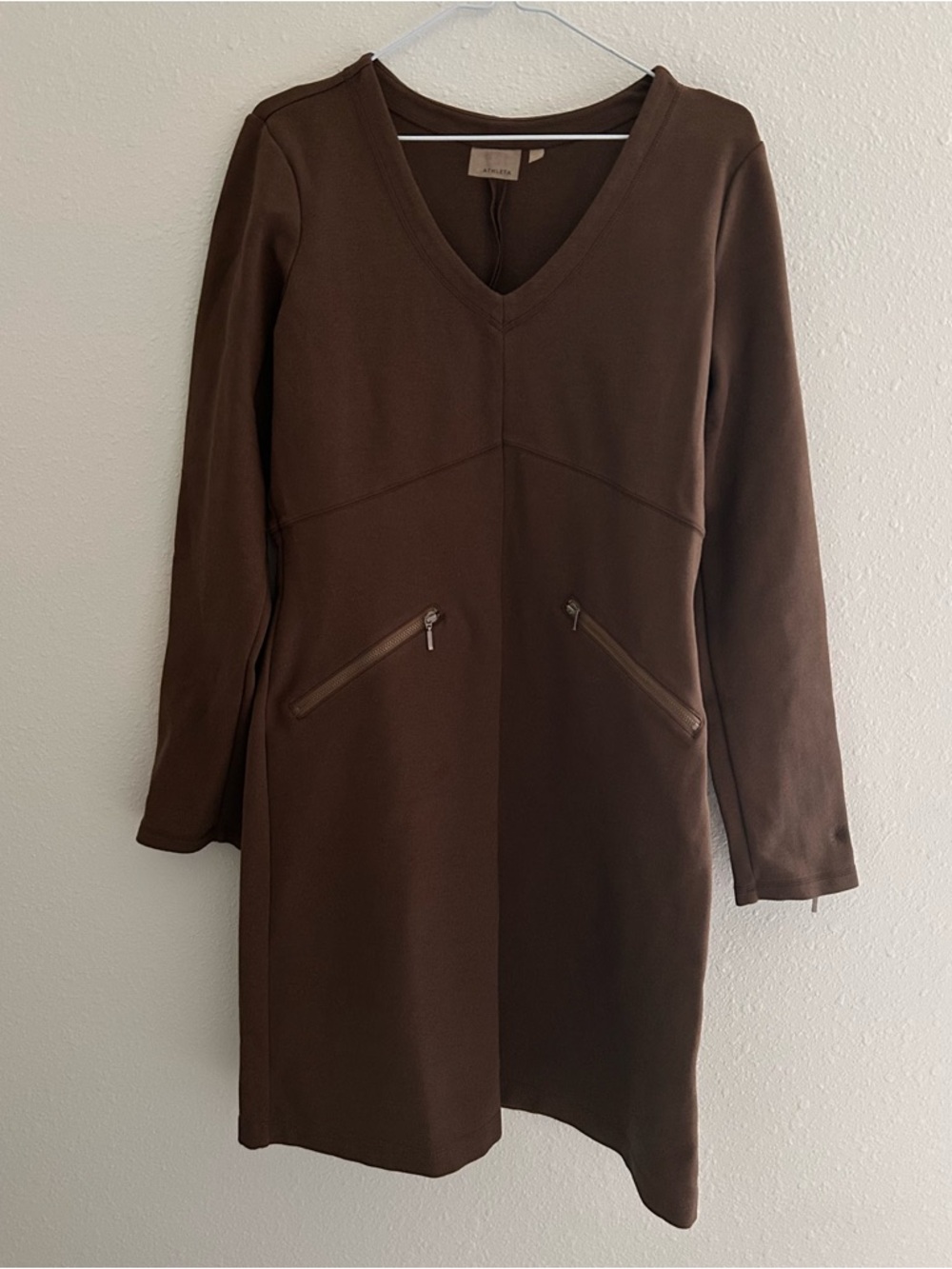 Athleta Brown V-Neck Long Sleeve Dress with Zip Pockets